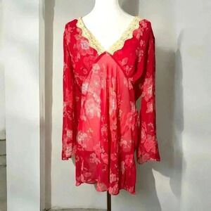Vintage 70s inspired babydoll  bell sleeve lingerie sheer floral L